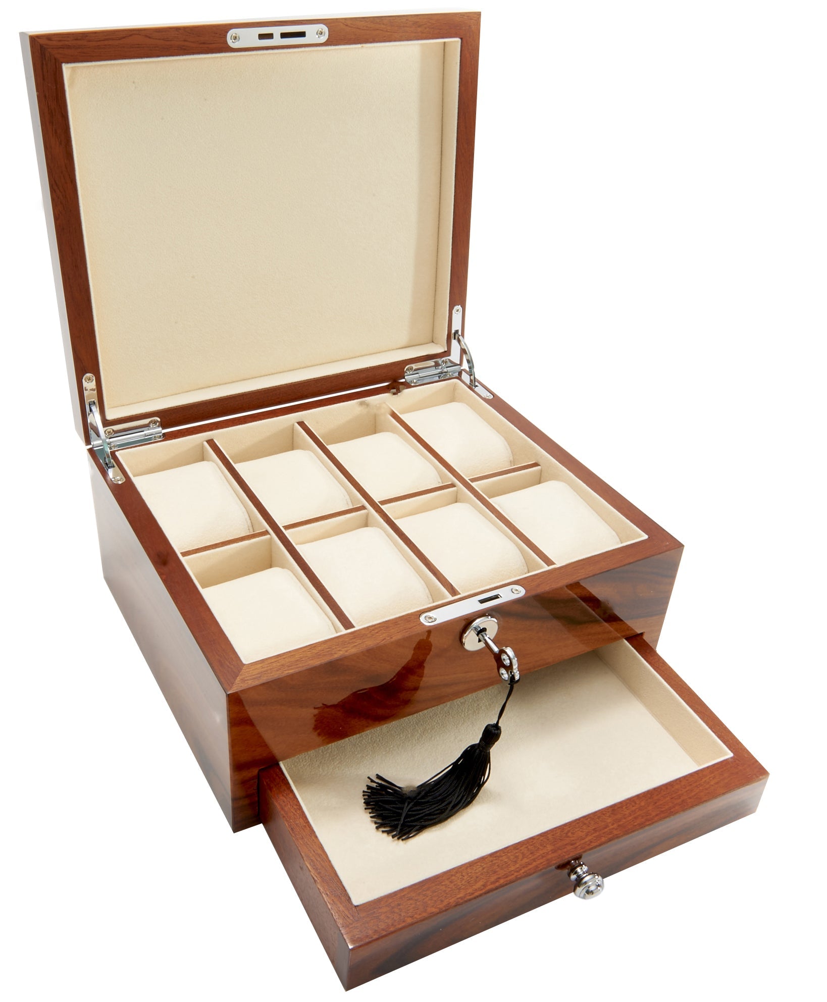 Harrowdene-Brazilian-Rosewood-Piano-Finish-Timber-Watch-Jewellery-Box-Length-24.5cm-Open-Drawer