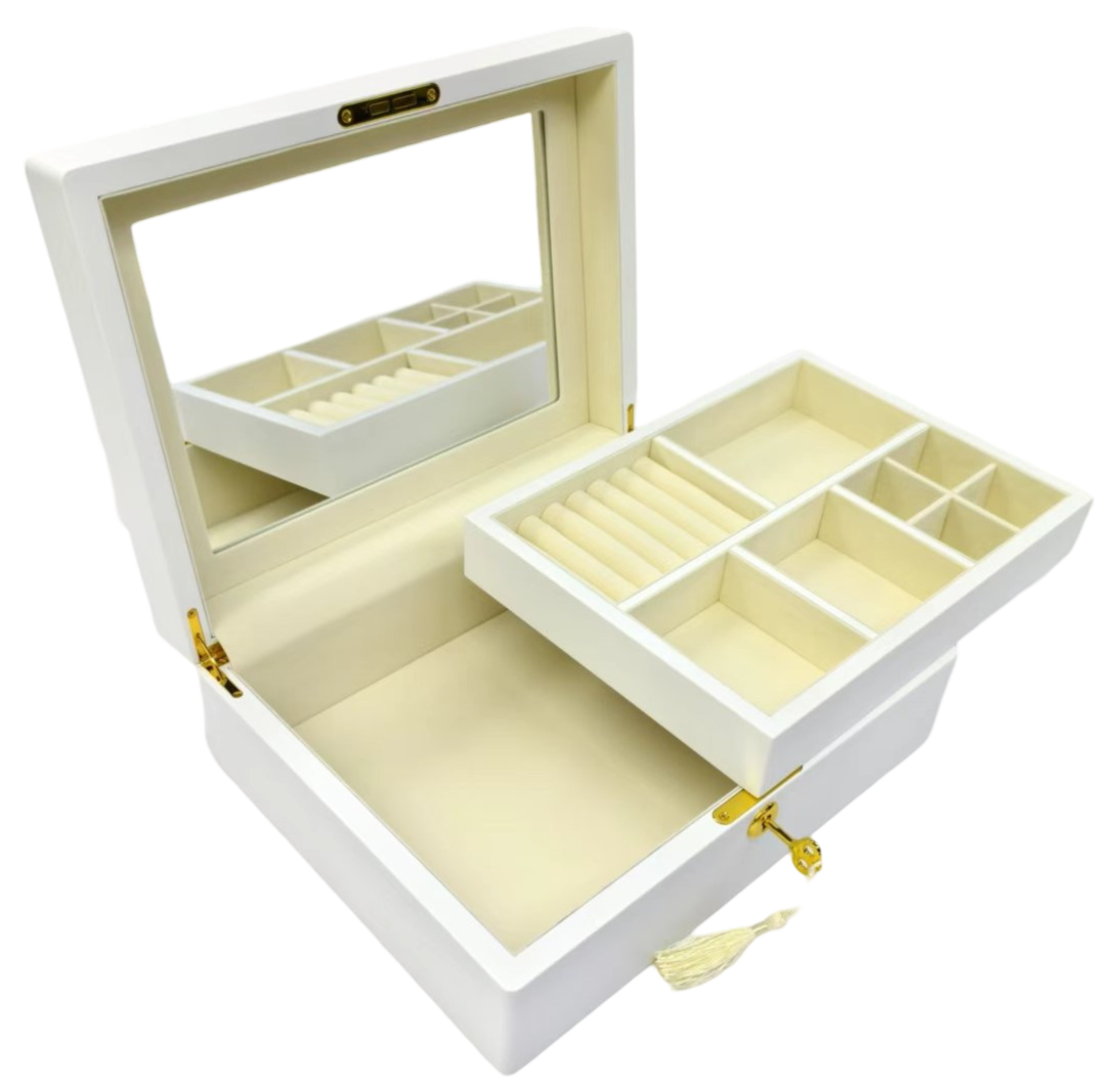 Matte Finish White Wooden Jewellery Box with Liftout Tray L31cm