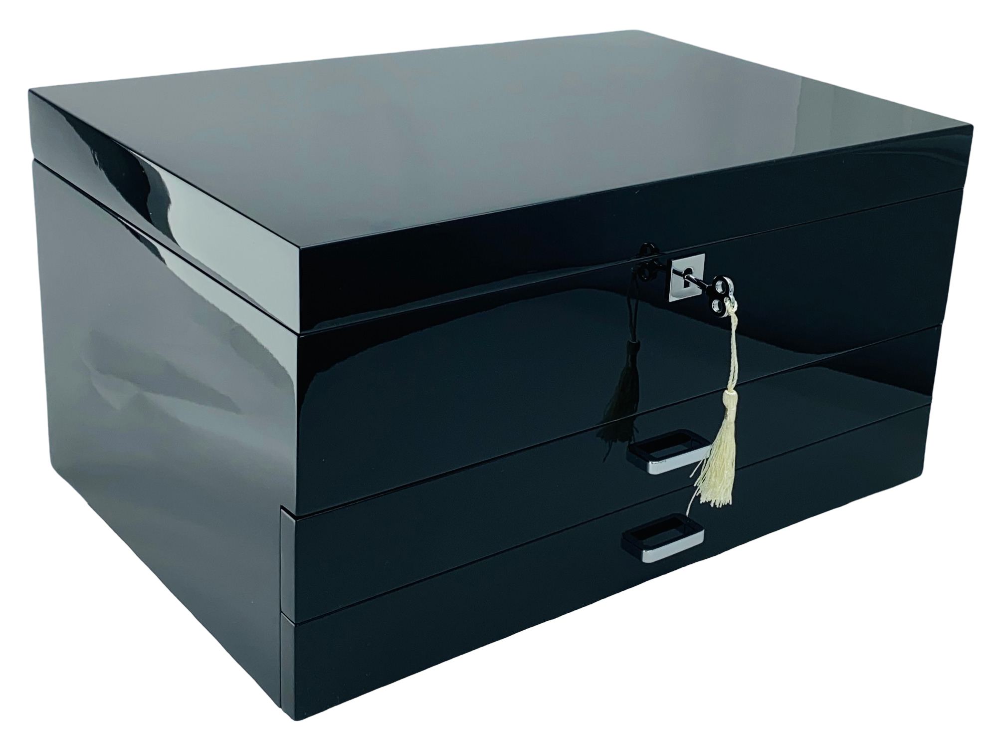 Black wood jewelry box closed on a white background