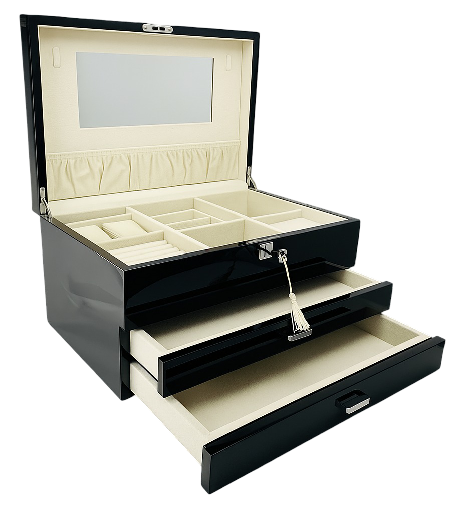 Black jewelry box with open lid and drawers on a white background