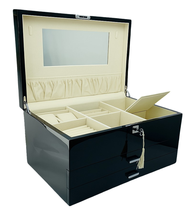 Very Large High Gloss Black Wooden Jewellery, 2-Drawers L41cm