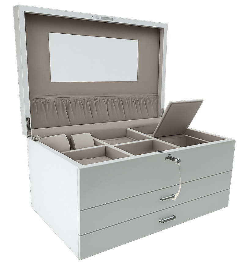 Very Large High Gloss White Wooden Jewellery, 2-Drawers L41cm