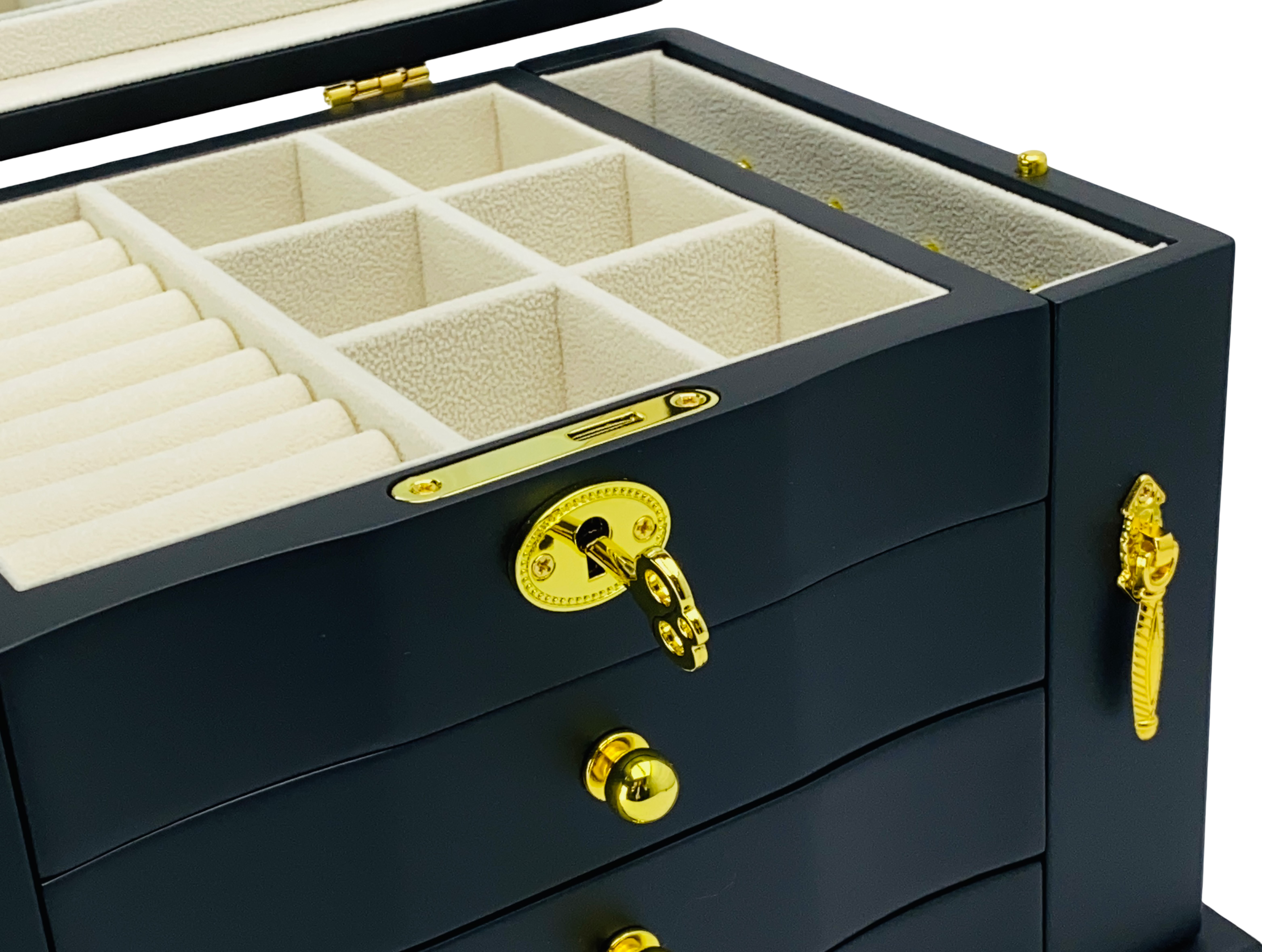 Matte Black Jewellery Box, 3-Drawer & 2-Side Panels L28cm
