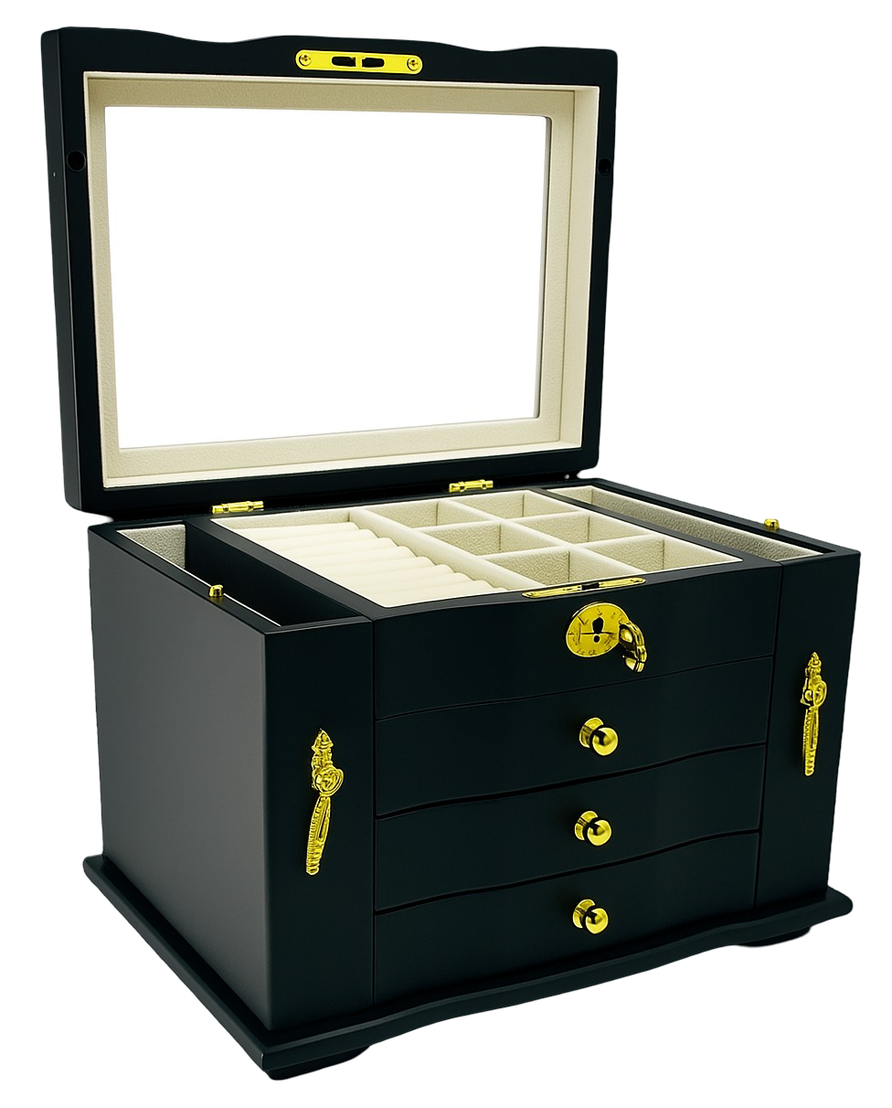 Matte Black Jewellery Box, 3-Drawer & 2-Side Panels L28cm