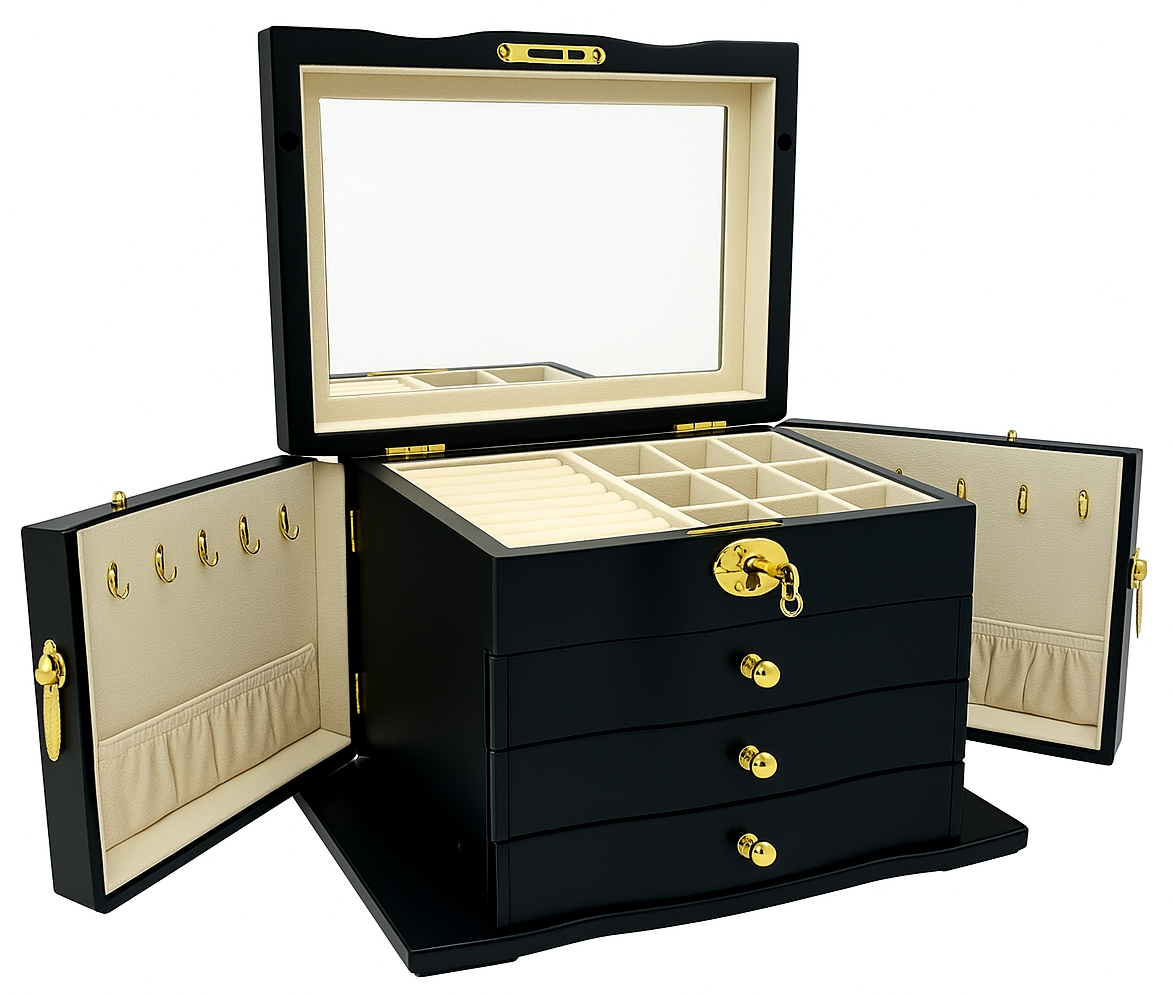 Matte Black Jewellery Box, 3-Drawer & 2-Side Panels L28cm