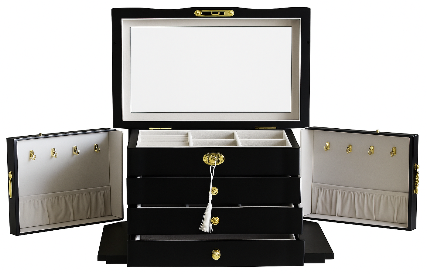 Matte Black Jewellery Box, 3-Drawer & 2-Side Panels L28cm