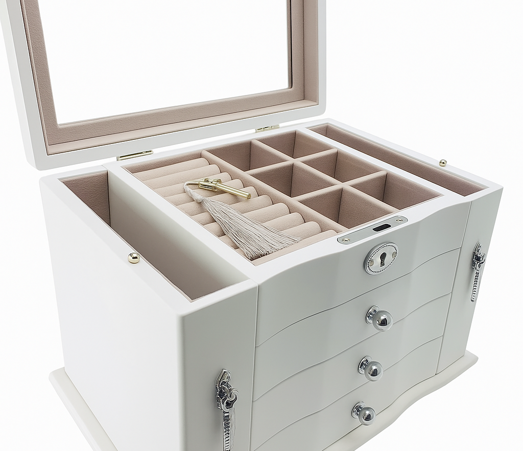 Matte White Jewellery Box, 3-Drawer and 2-Side Panels L28cm