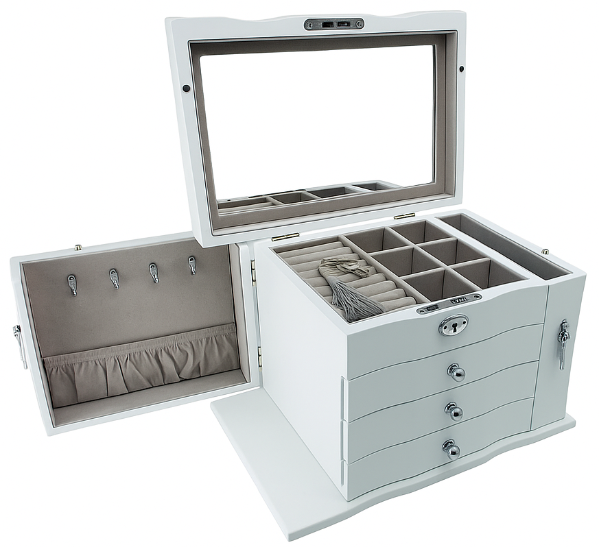 Matte White Jewellery Box, 3-Drawer and 2-Side Panels L28cm