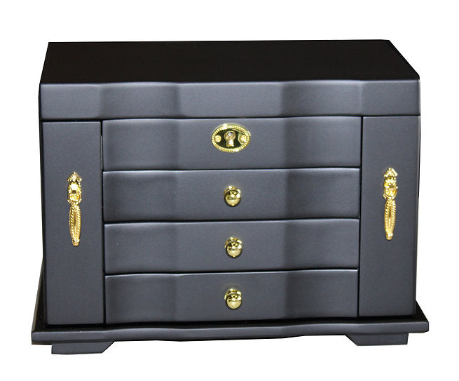 Matte Black Jewellery Box, 3-Drawer & 2-Side Panels L28cm