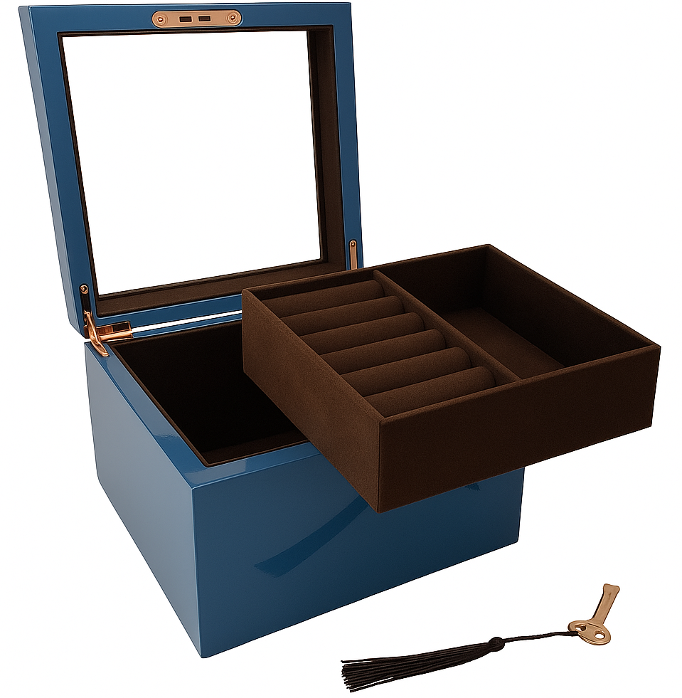 Small Azure High Gloss Wood Jewellery Box L19cm