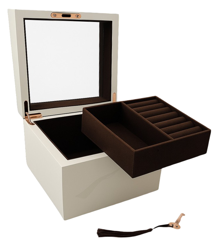 Taupe Jewelry box with a brown interior and compartments on a white background
