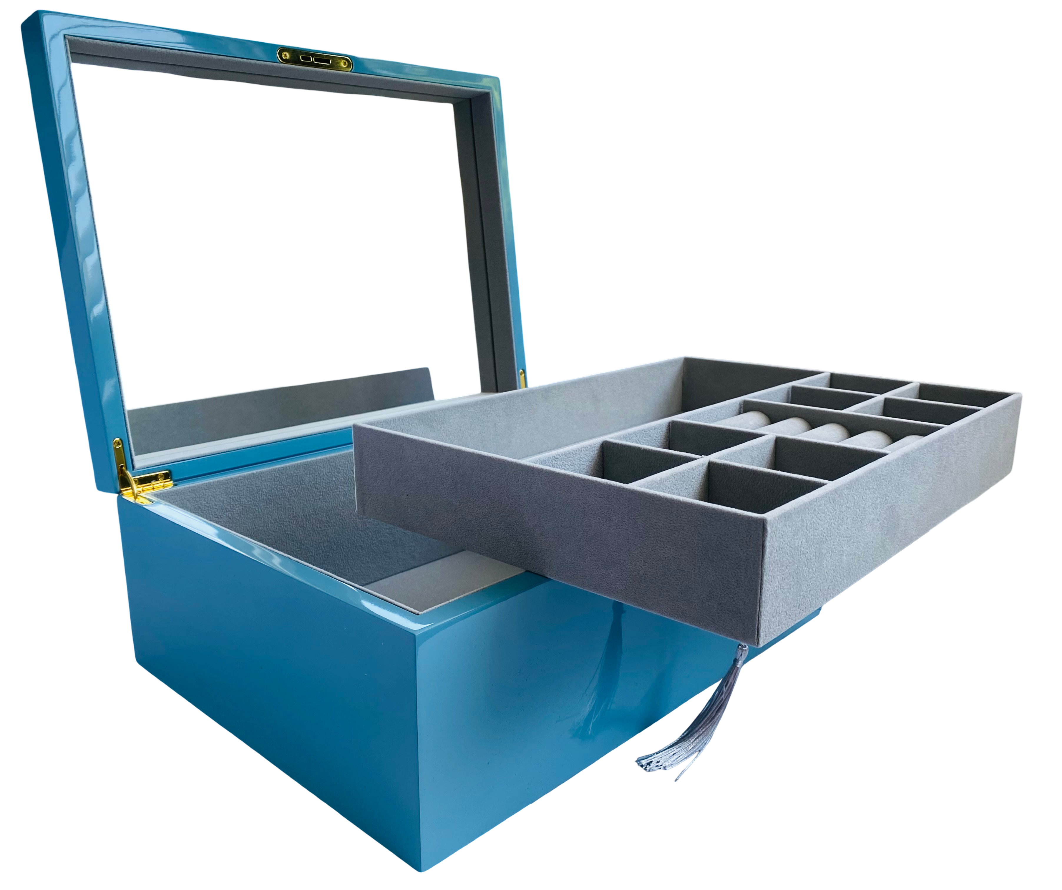 Blue High Gloss Wood Jewellery Box L35cm