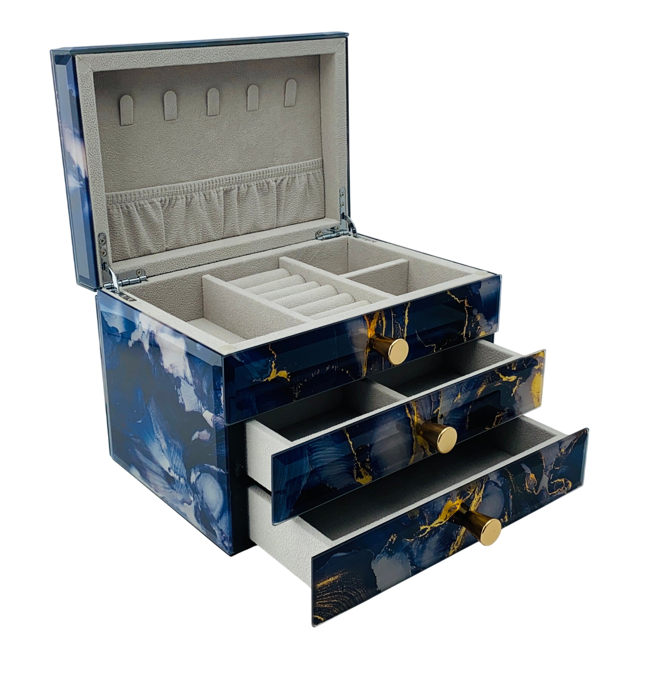 Blue Marble Glass 2-Drawer Jewellery Box L22cm
