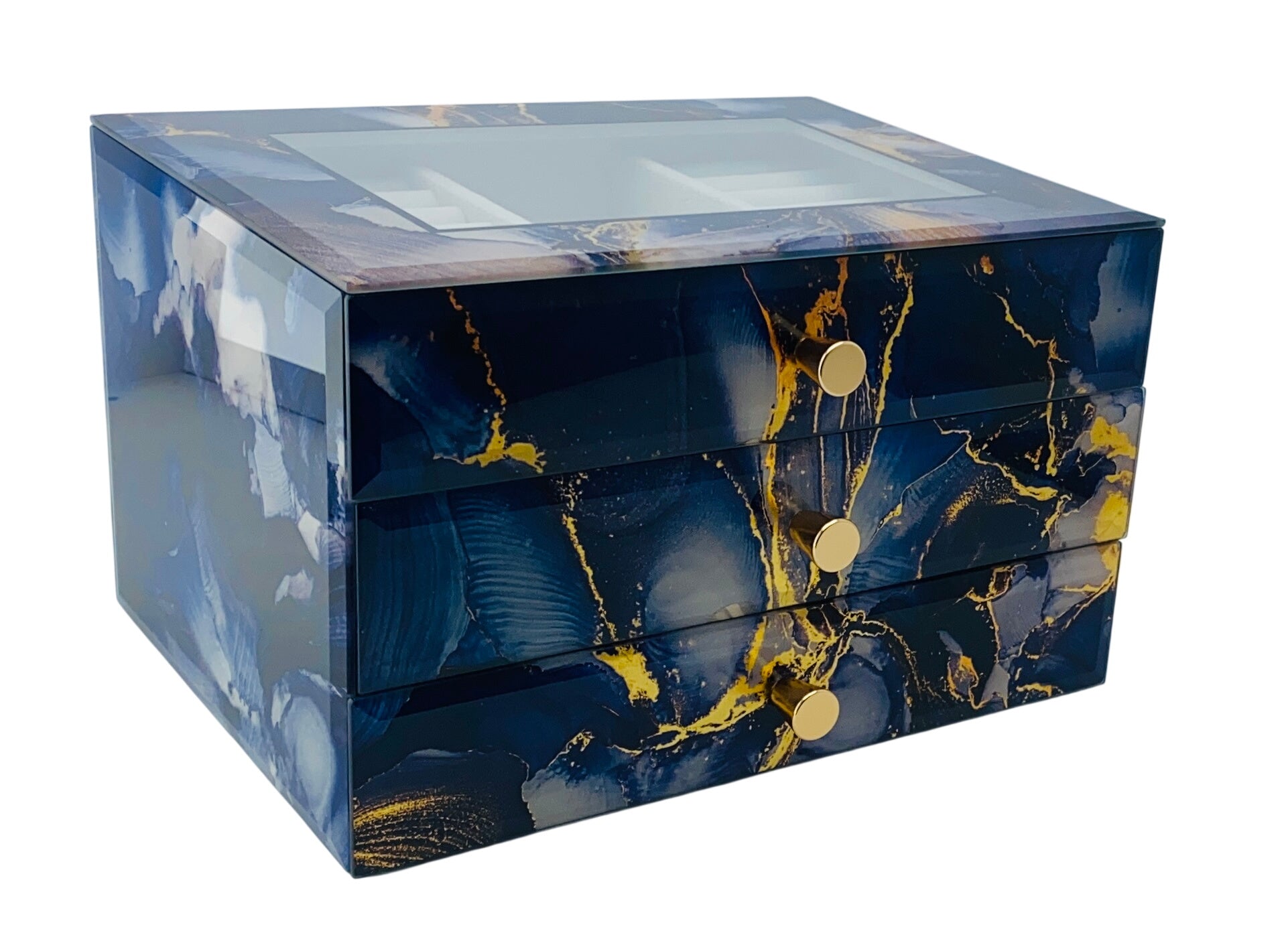 Blue Marble Glass 3-Drawer Jewellery Box L26cm