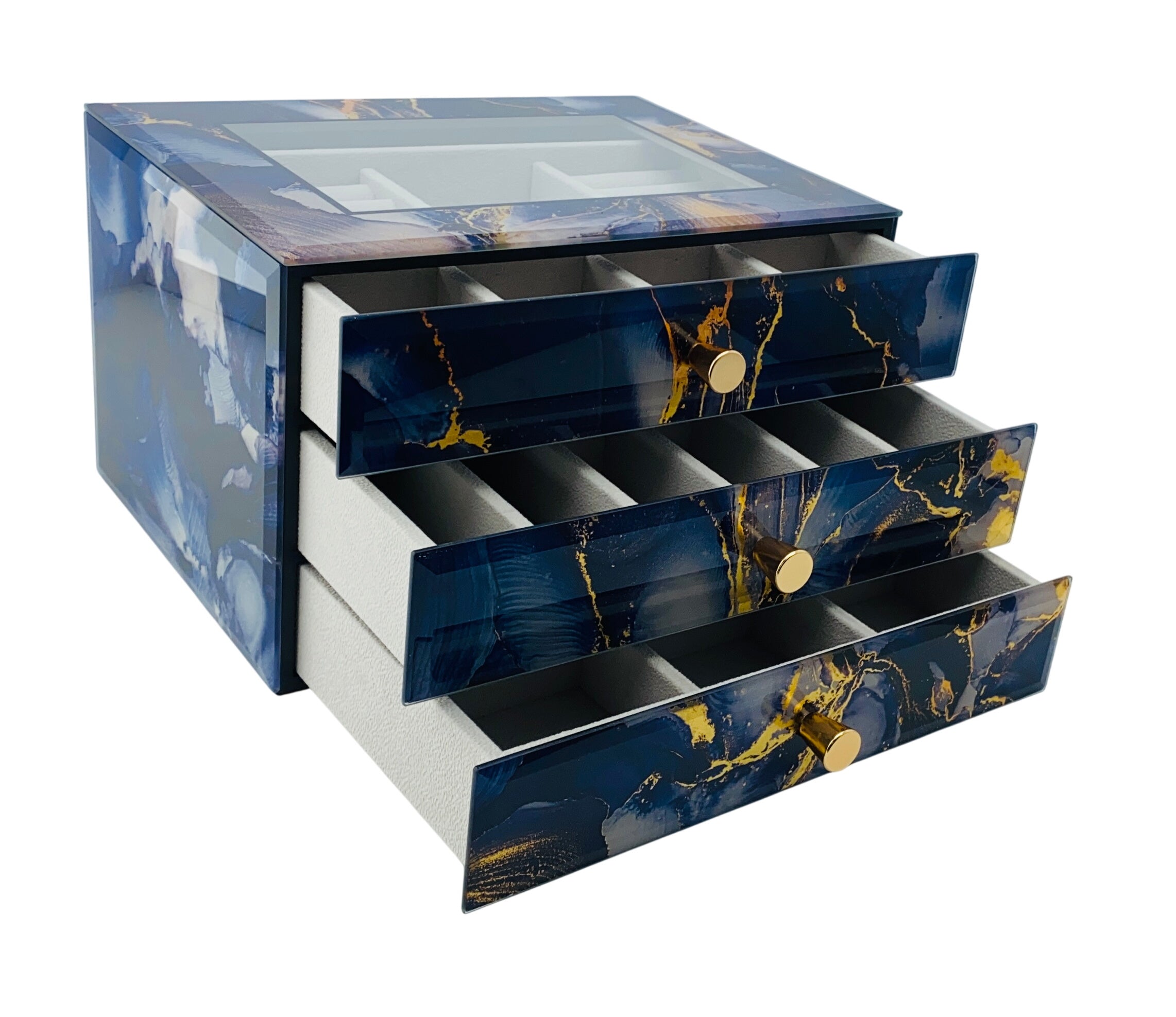 Blue Marble Glass 3-Drawer Jewellery Box L26cm