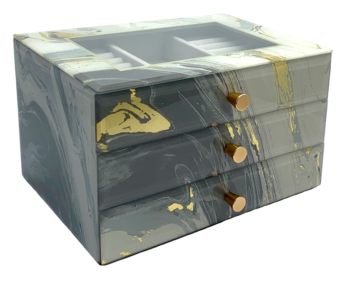 Grey Marble Glass 3-Drawer Jewellery Box L26cm