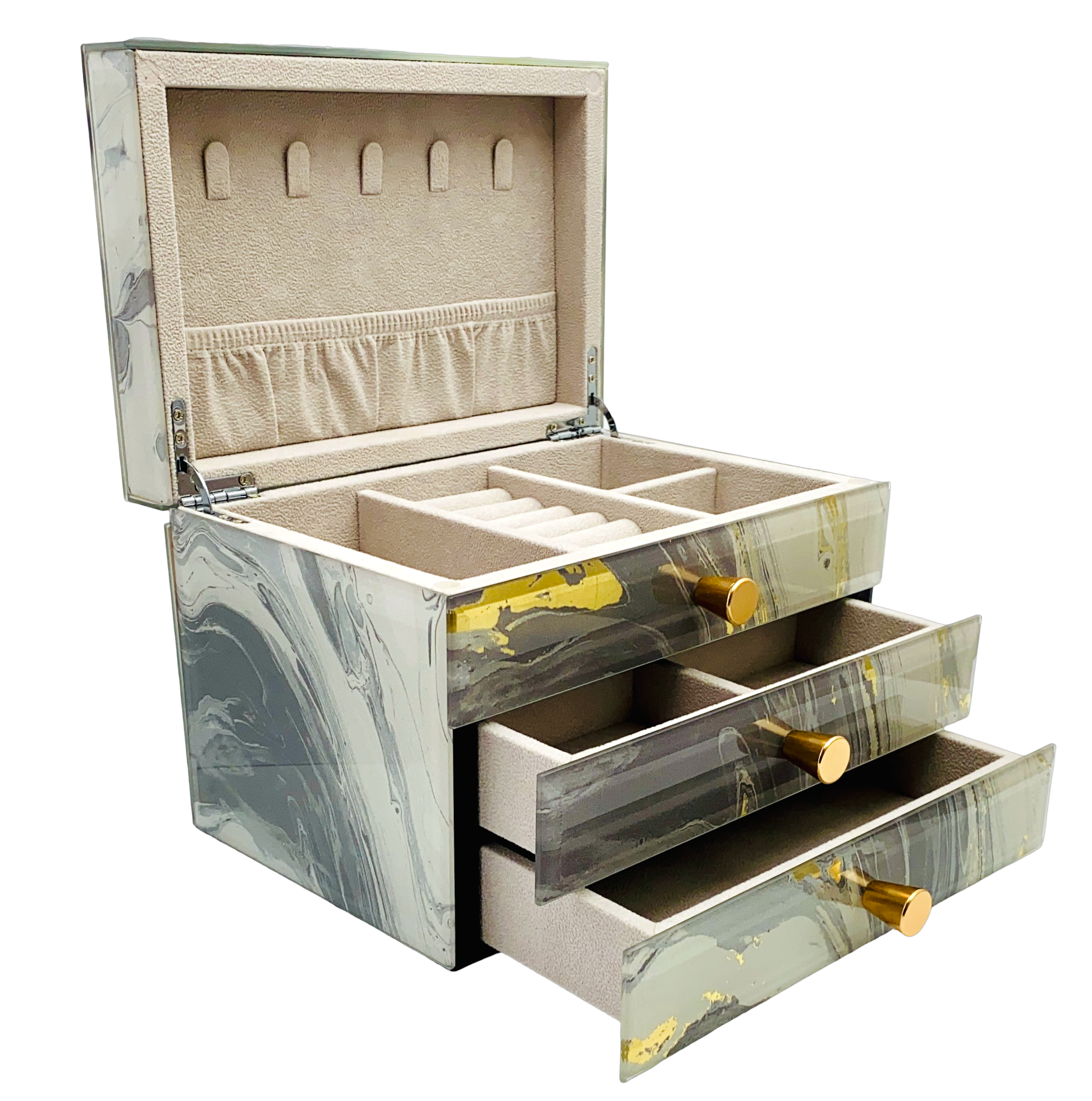 Grey Marble Glass 2-Drawer Jewellery Box L22cm