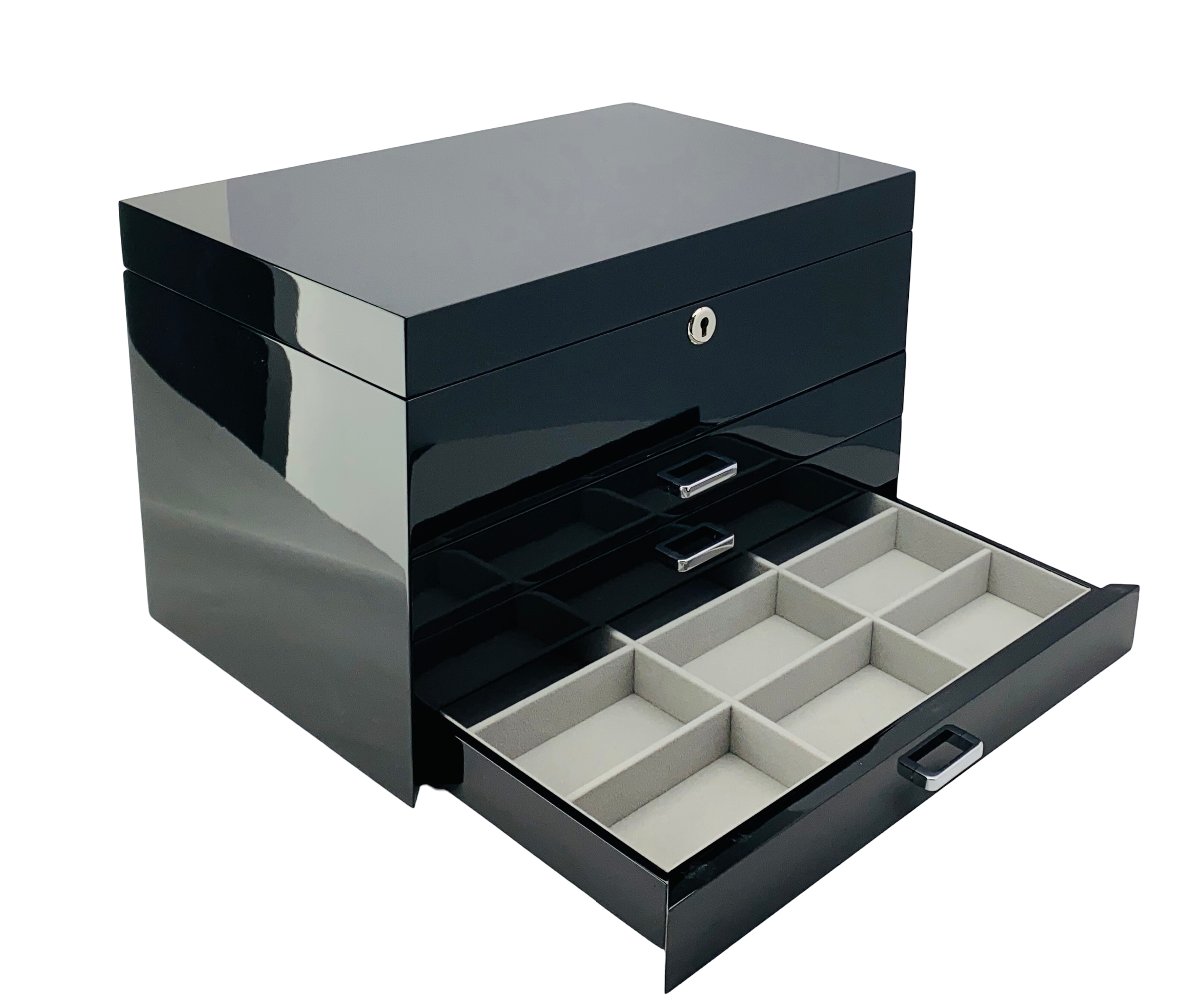 Very Large Black High Gloss 3-Drawer Wooden Jewellery Box with Liftout Tray L35cm