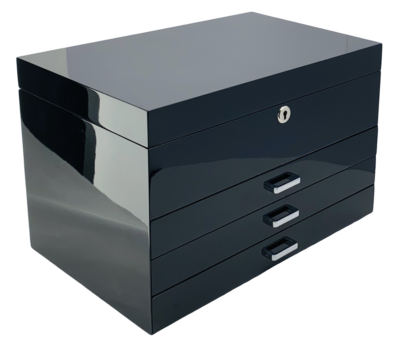 Very Large Black High Gloss 3-Drawer Wooden Jewellery Box with Liftout Tray L35cm