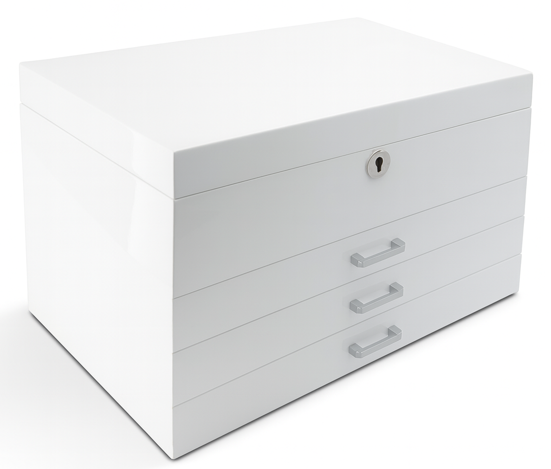 Very Large White High Gloss 3-Drawer Wooden Jewellery Box with Liftout Tray L35cm