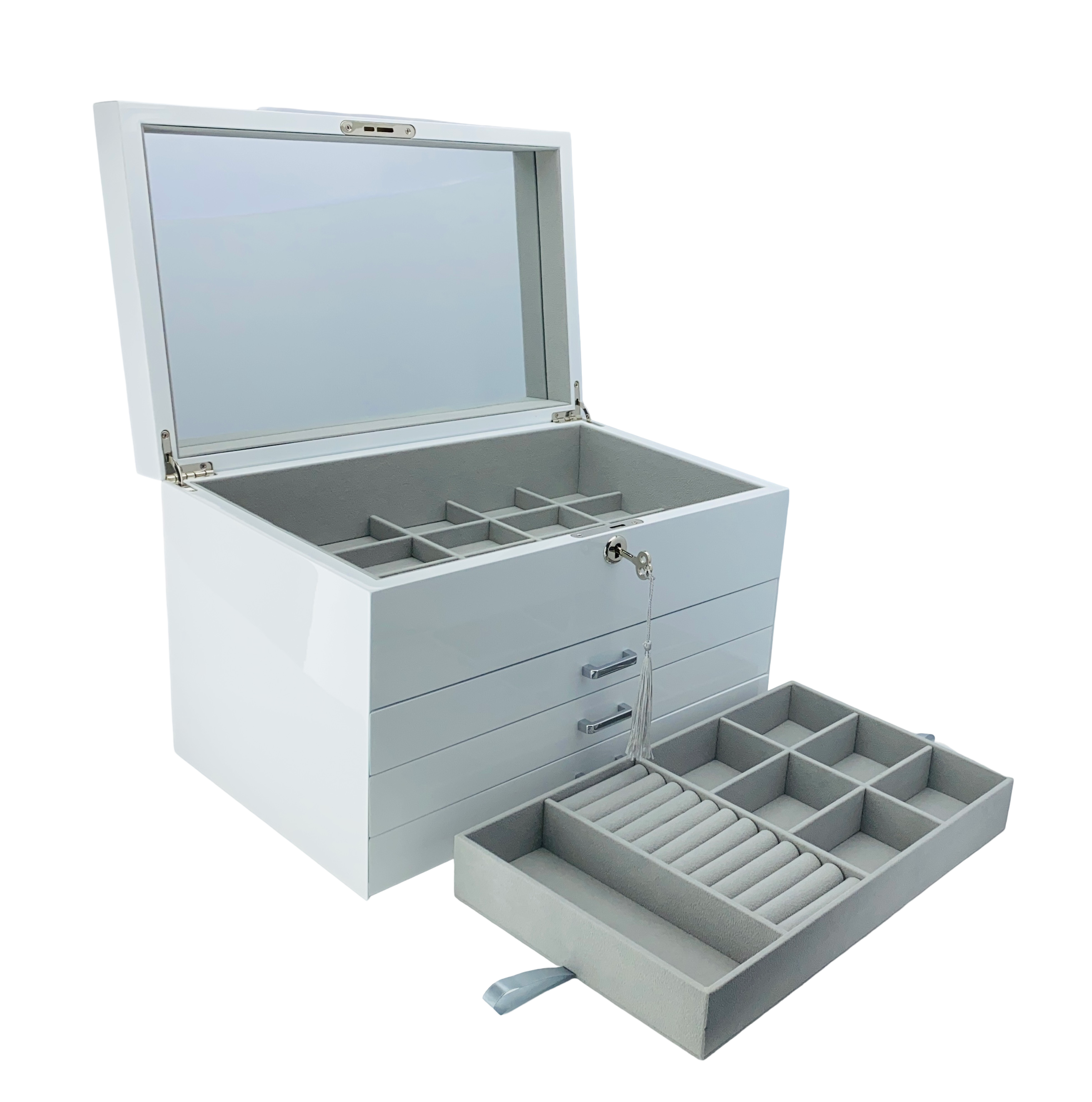 Very Large White High Gloss 3-Drawer Wooden Jewellery Box with Liftout Tray L35cm