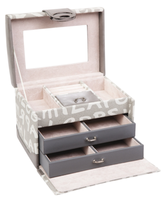 A faux leather jewellery box with a letter print, opened to show two drawers and an internal mirror.