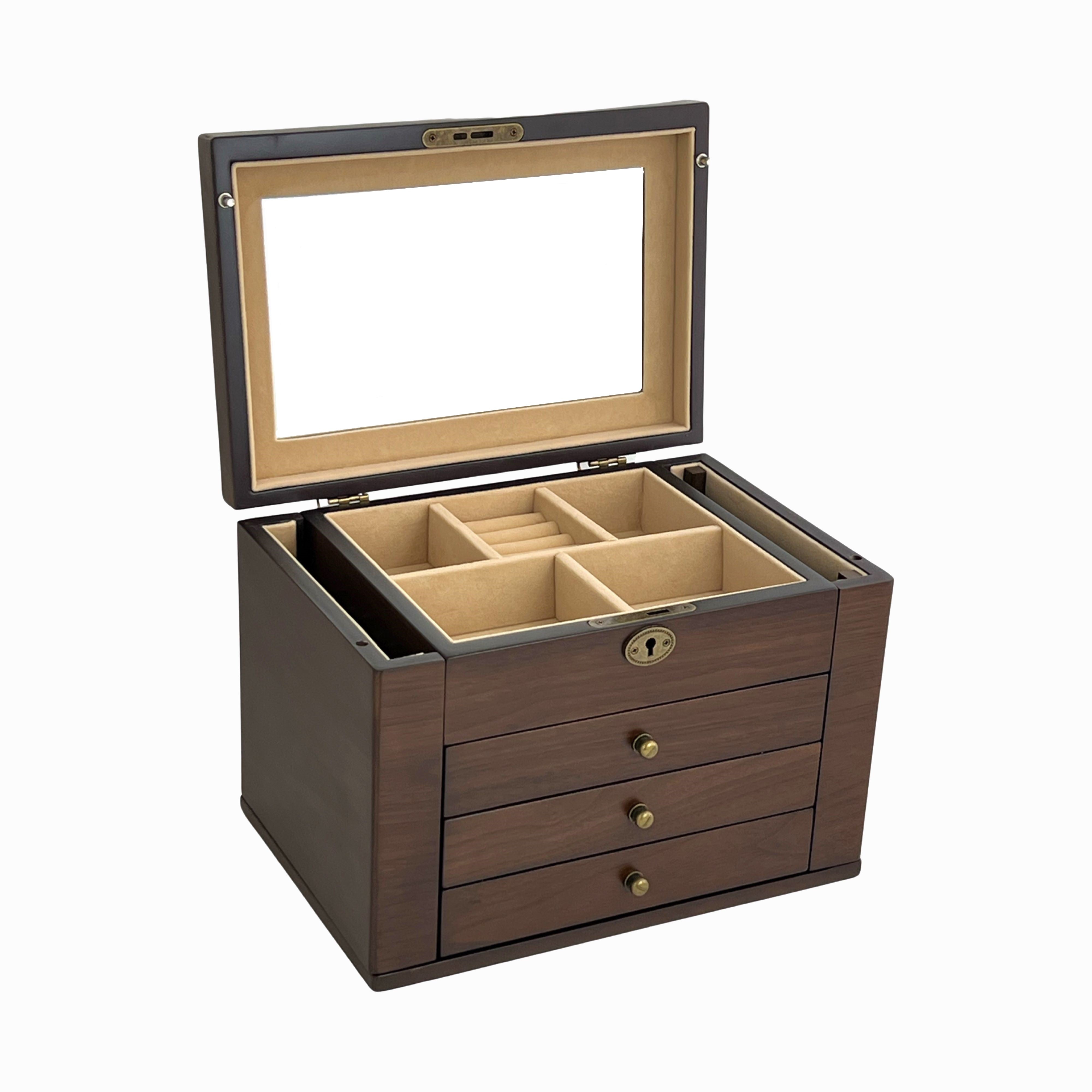 European Walnut Matt Finish Wood Jewellery Box with Side Panels, Length 29cm