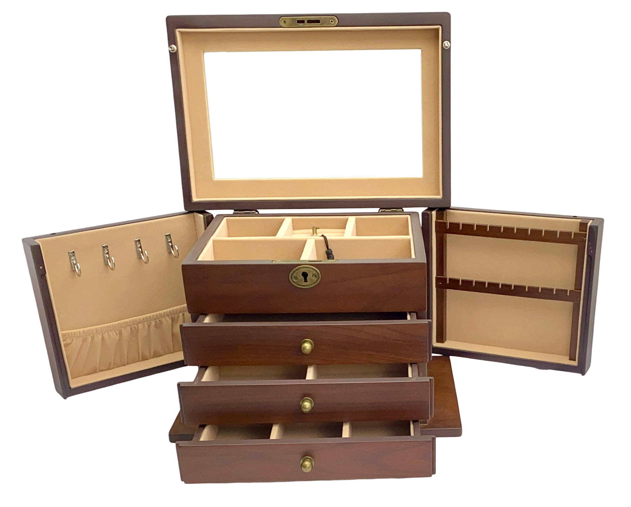 European Walnut Matte Finish Wood Jewellery Box, Side Panels L29cm