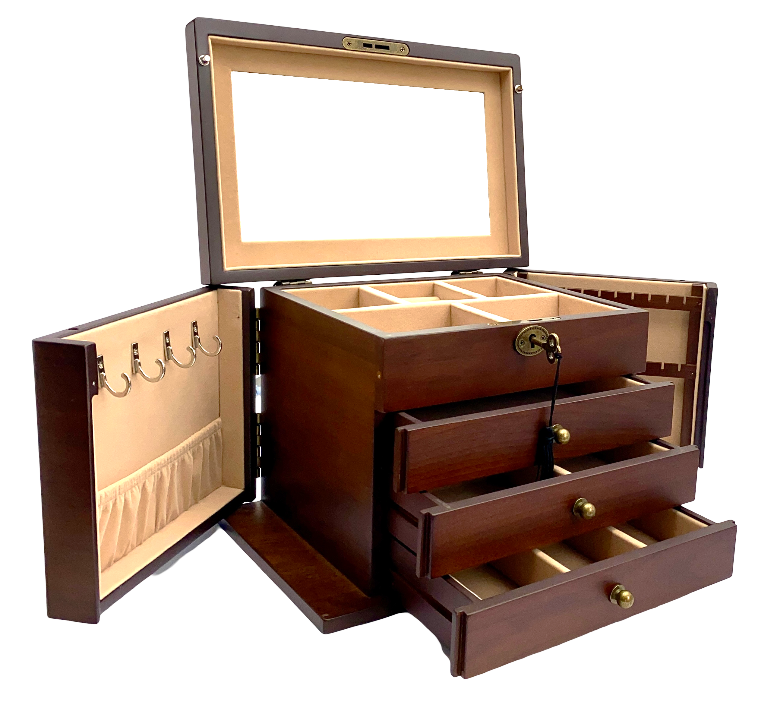 European Walnut Matte Finish Wood Jewellery Box, Side Panels L29cm