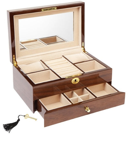 European Walnut High Gloss Wooden Jewellery Box, Length 28cm