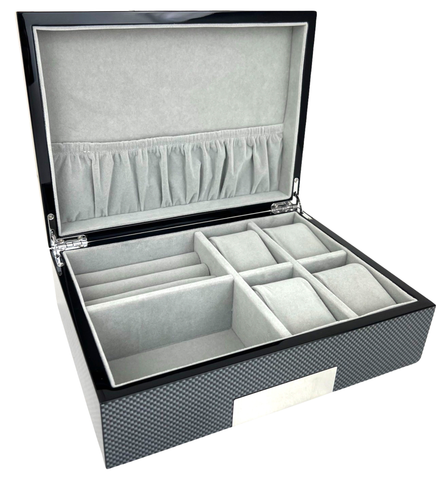 Carbon Fibre Finished High Gloss Watch and Jewellery Box, Length 25cm