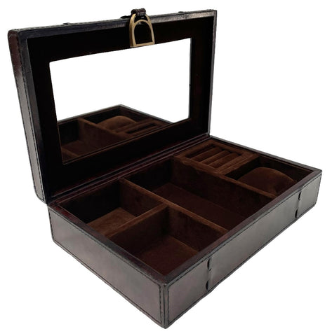 Dark Brown Buffalo Leather Jewellery Box, Length 27cm, Stirrup Clasp