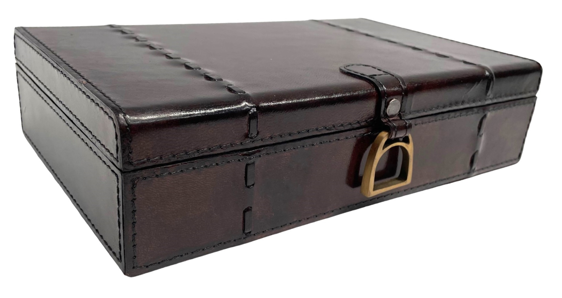 Dark Brown Buffalo Leather Jewellery Box, Stirrup Clasp L27cm