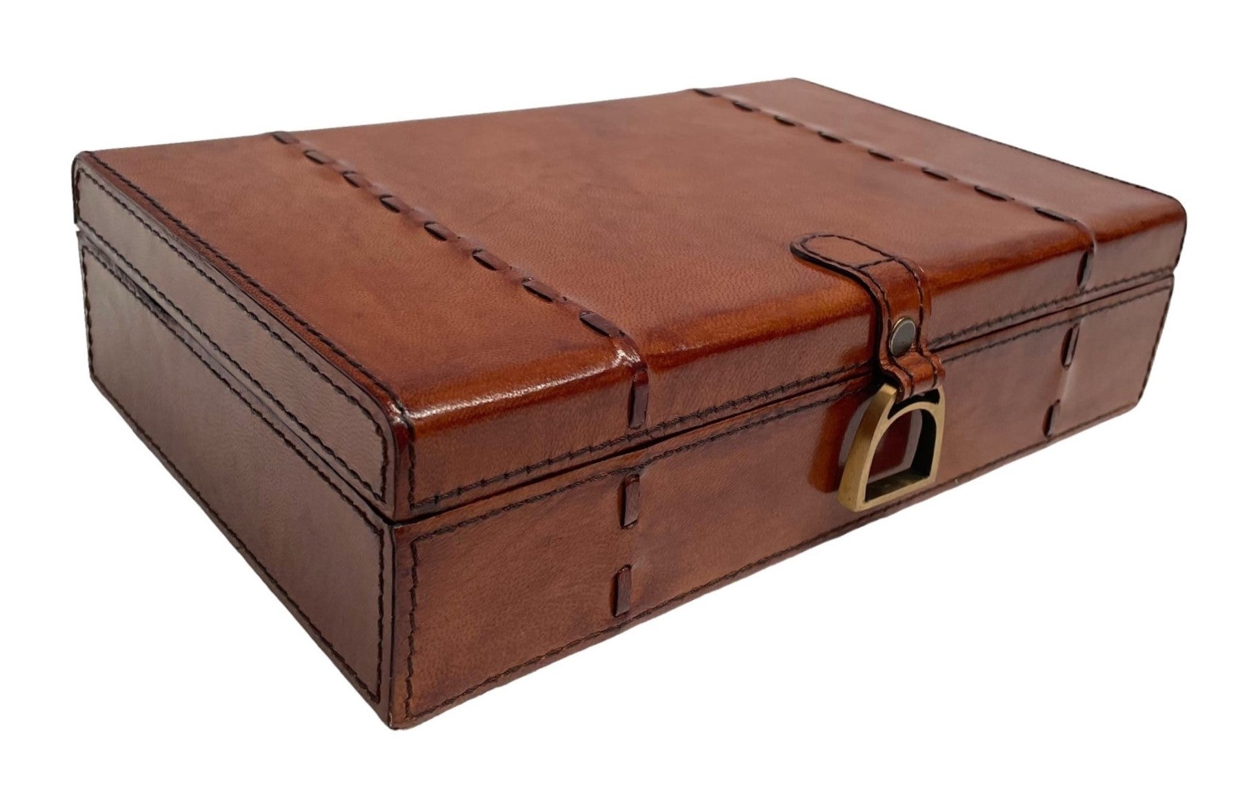 Tan Buffalo Leather Jewellery Box Stirrup Clasp L27cm