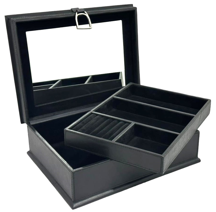 Black Buffalo Leather Jewellery Box Stirrup Clasp L36cm