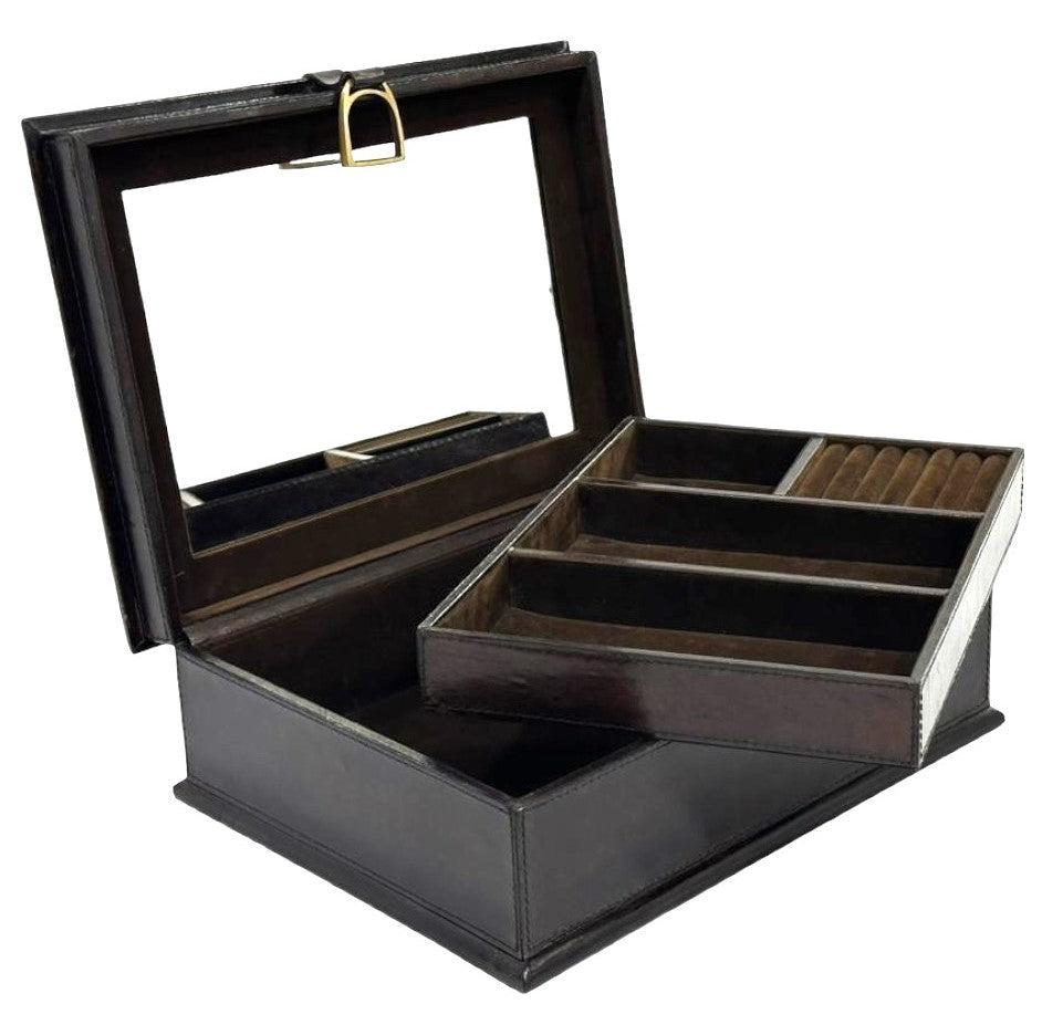 Dark Brown Buffalo Leather Jewellery Box, Length 36cm, Stirrup Clasp