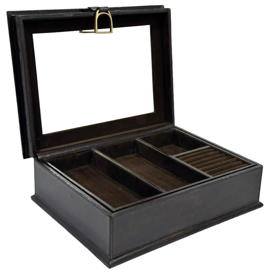 Dark Brown Buffalo Leather Jewellery Box, Length 36cm, Stirrup Clasp