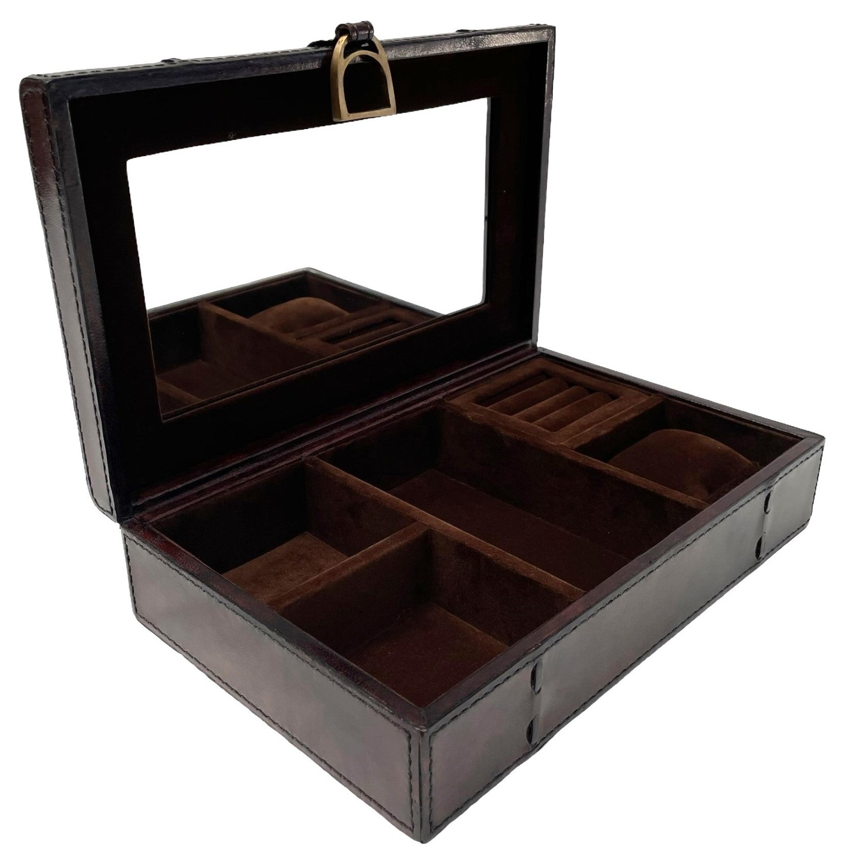 Dark Brown Buffalo Leather Jewellery Box, Stirrup Clasp L27cm