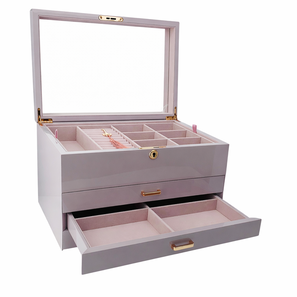 Very Large Lilac High Gloss 3-Drawer Wooden Jewellery Box with Liftout Tray L35cm