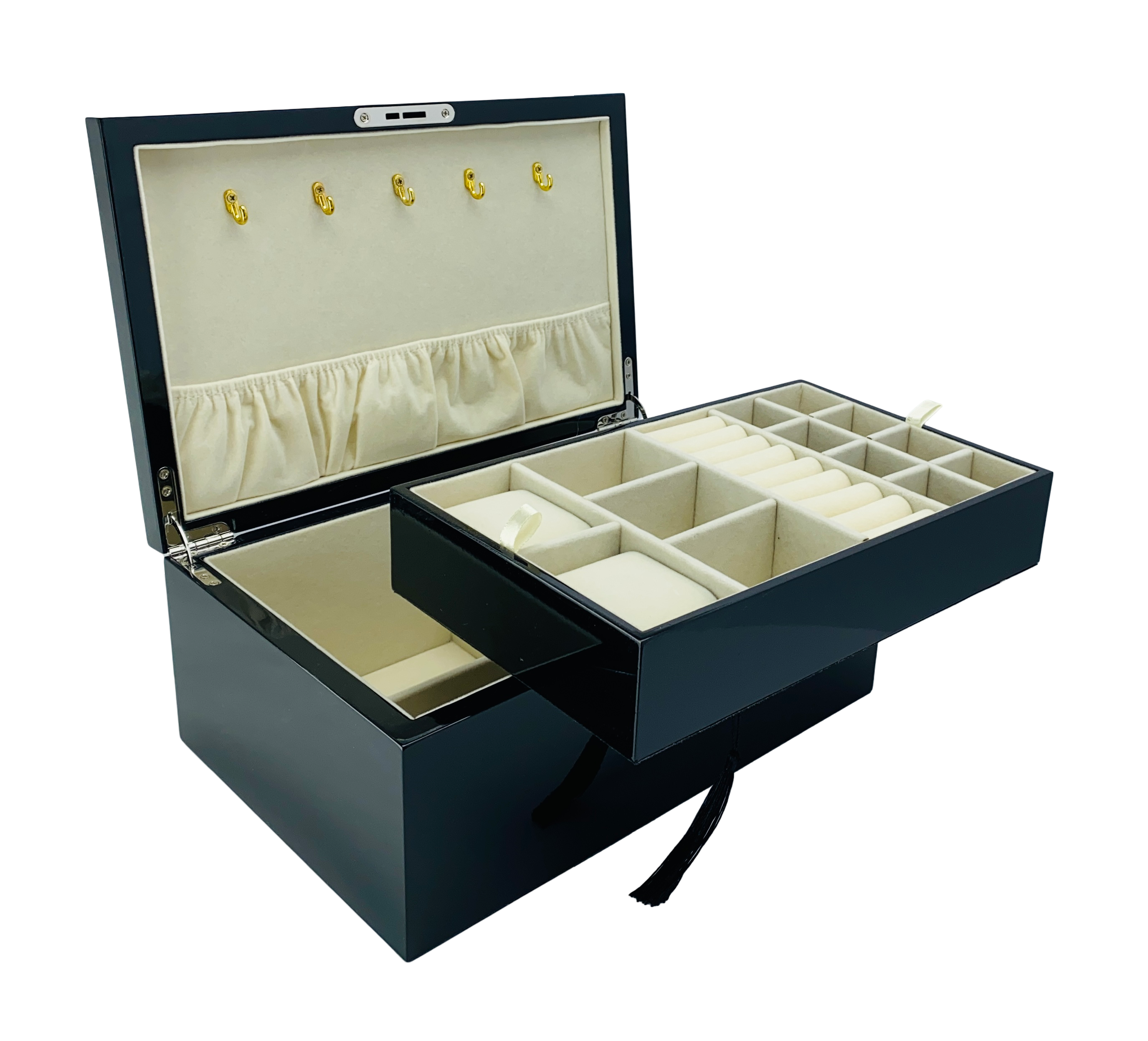 Black High Gloss Wood Jewellery Box with Full-Size Liftout Tray L30cm