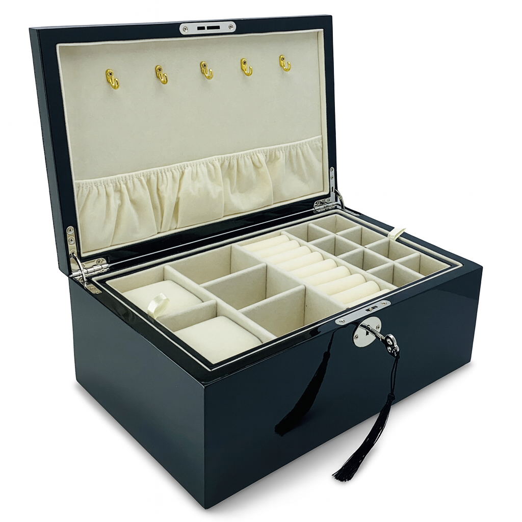 Black High Gloss Wood Jewellery Box with Full-Size Liftout Tray L30cm