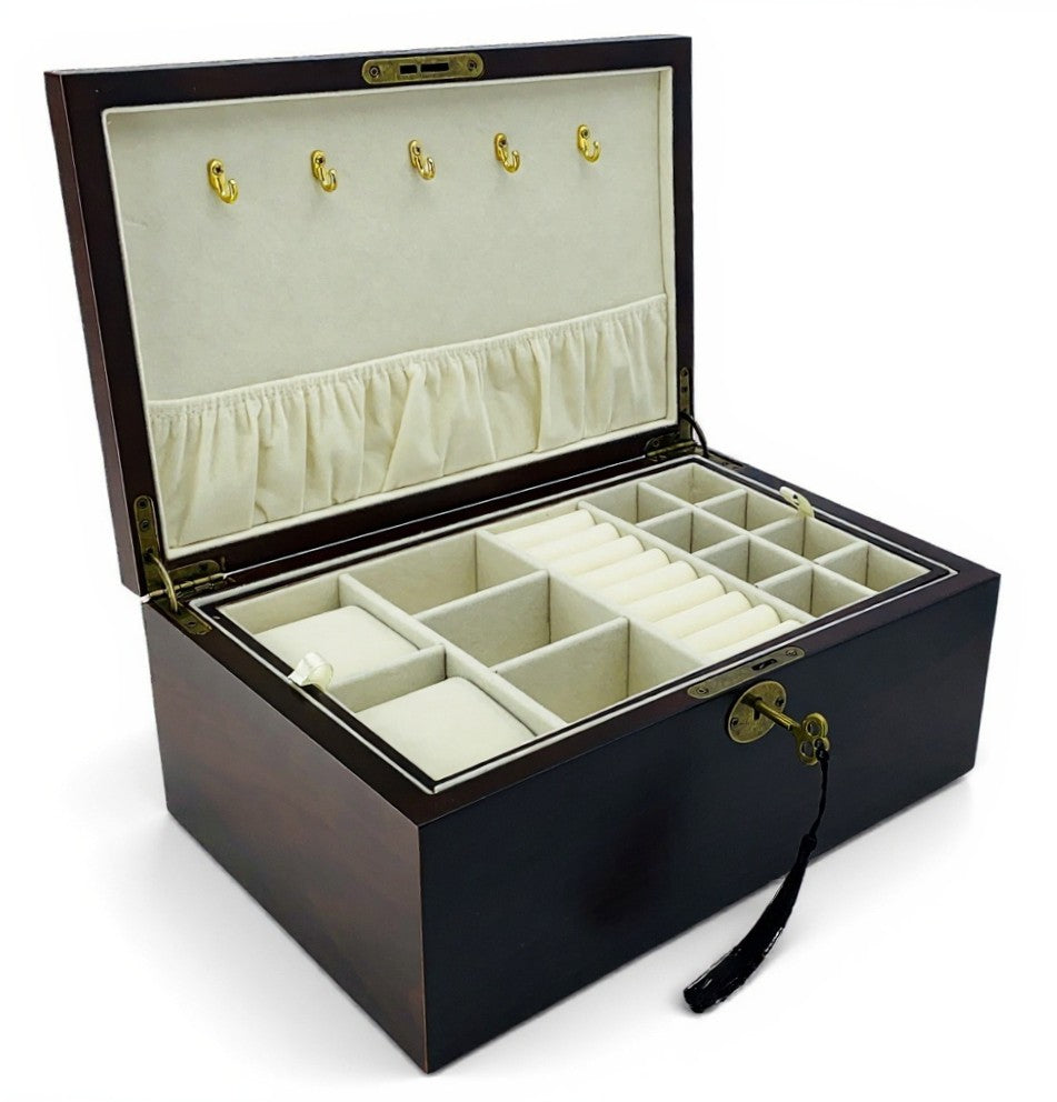 European Walnut Matte Finish Wood Jewellery Box with Full-Size Liftout Tray L30cm